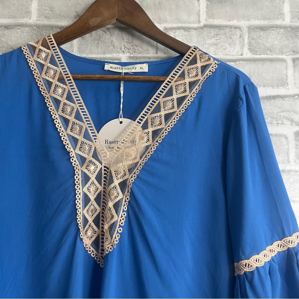 Blue Lace Trim Blouse - Picture 2 of 8